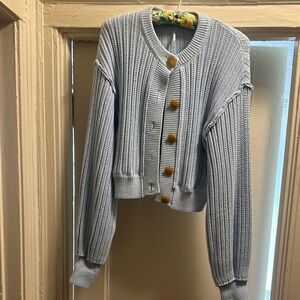Free People Ribbed Cardigan Sweater - Light Gray with Brown Buttons